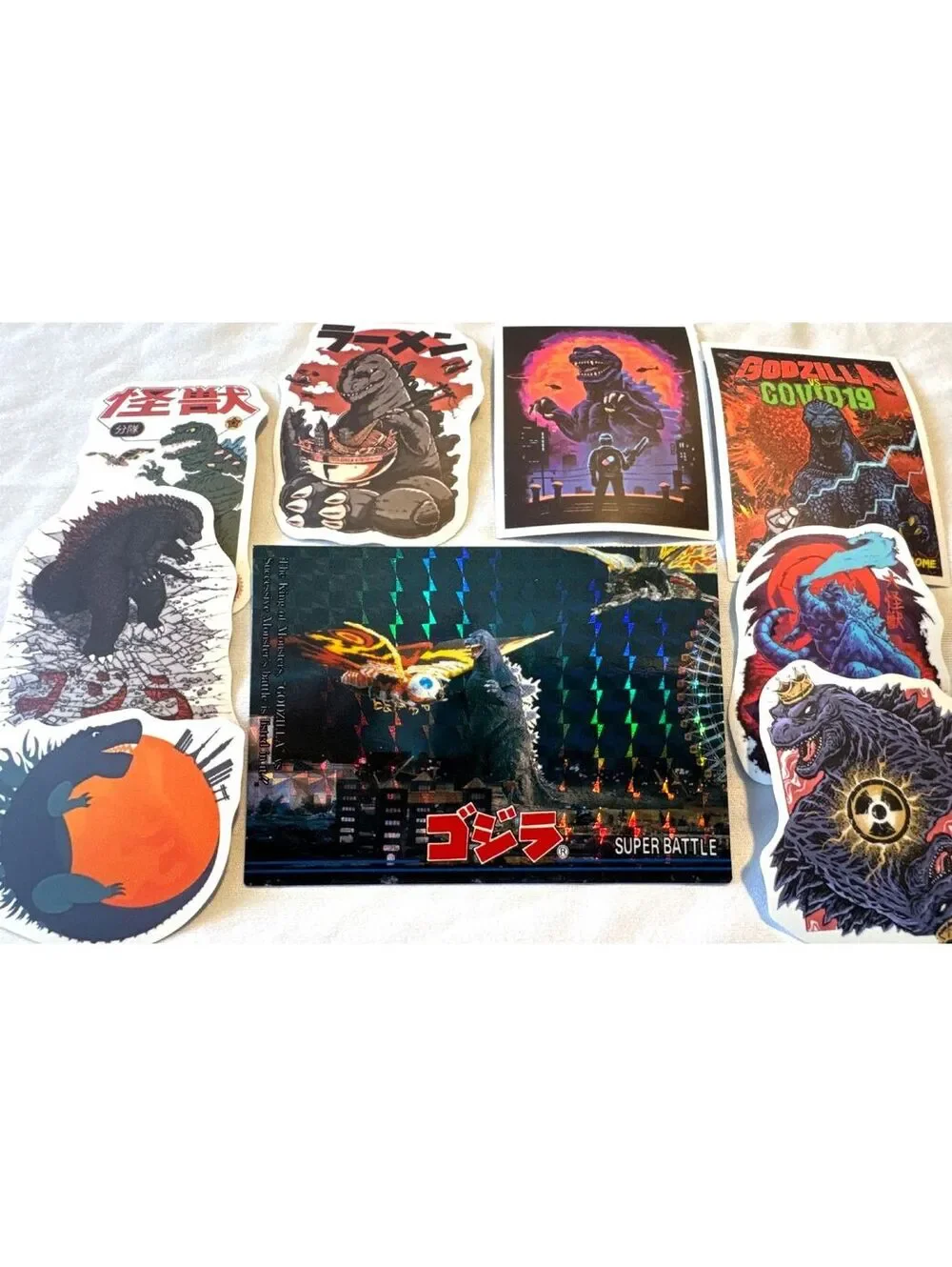 1995 Amada Godzilla prism card #53 Heisei era Godzilla Vs Mothra & 8 Stickers NM